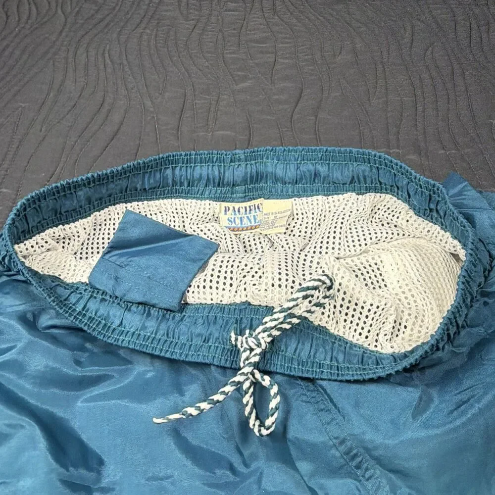 Vtg. Pacific Scene Men's Nylon Swim Trunks Shorts Teal Blue Mesh Lined NOS Sz. M